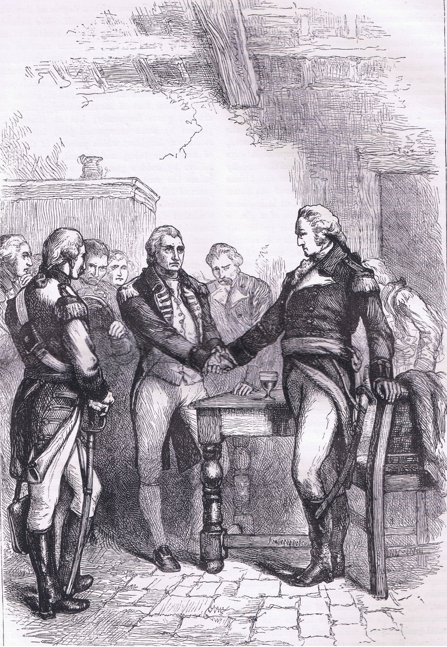 Washington búcsút vesz régi bajtársaitól, illusztráció a Cassells History of the Egyesült Államokból, kiadó: Cassell, Petter & Galpin, 1900 körül (litho) alkotó: American English school
