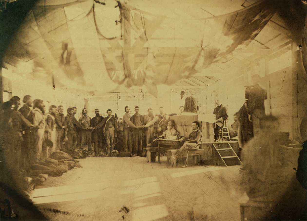 A konföderációs foglyok hűségesküjének letétele, Point Lookout, Maryland, 1865. június 30. (szépia nyomtatás) alkotó: American Photographer