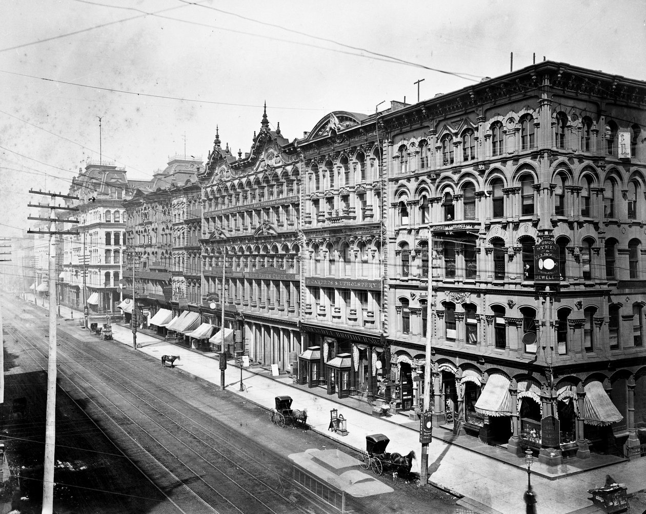 A State Street keleti oldala északra néz a Madison Street felől, Chicago, 1878 körül alkotó: American Photographer