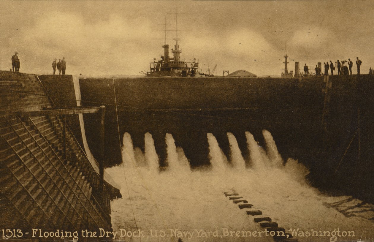 A szárazdokk elárasztása, US Navy Yard, Bremerton; Washington, USA (fekete-fehér fotó) alkotó: American Photographer