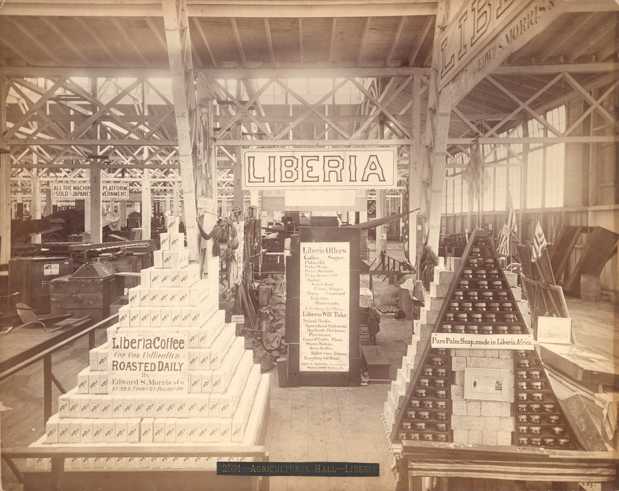 Libériai szappan- és kávékiállítás, Agricultural Hall, Philadelphia Centennial Exhibition, 1876 (albumnyomat) alkotó: American Photographer