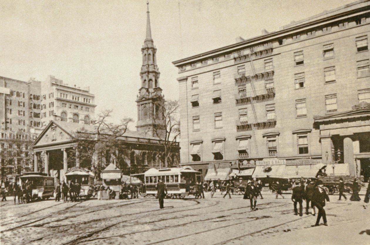 Szent Pál-kápolna és az Astor-ház, a City Hall Park mellett, New York City, 1892 alkotó: American Photographer