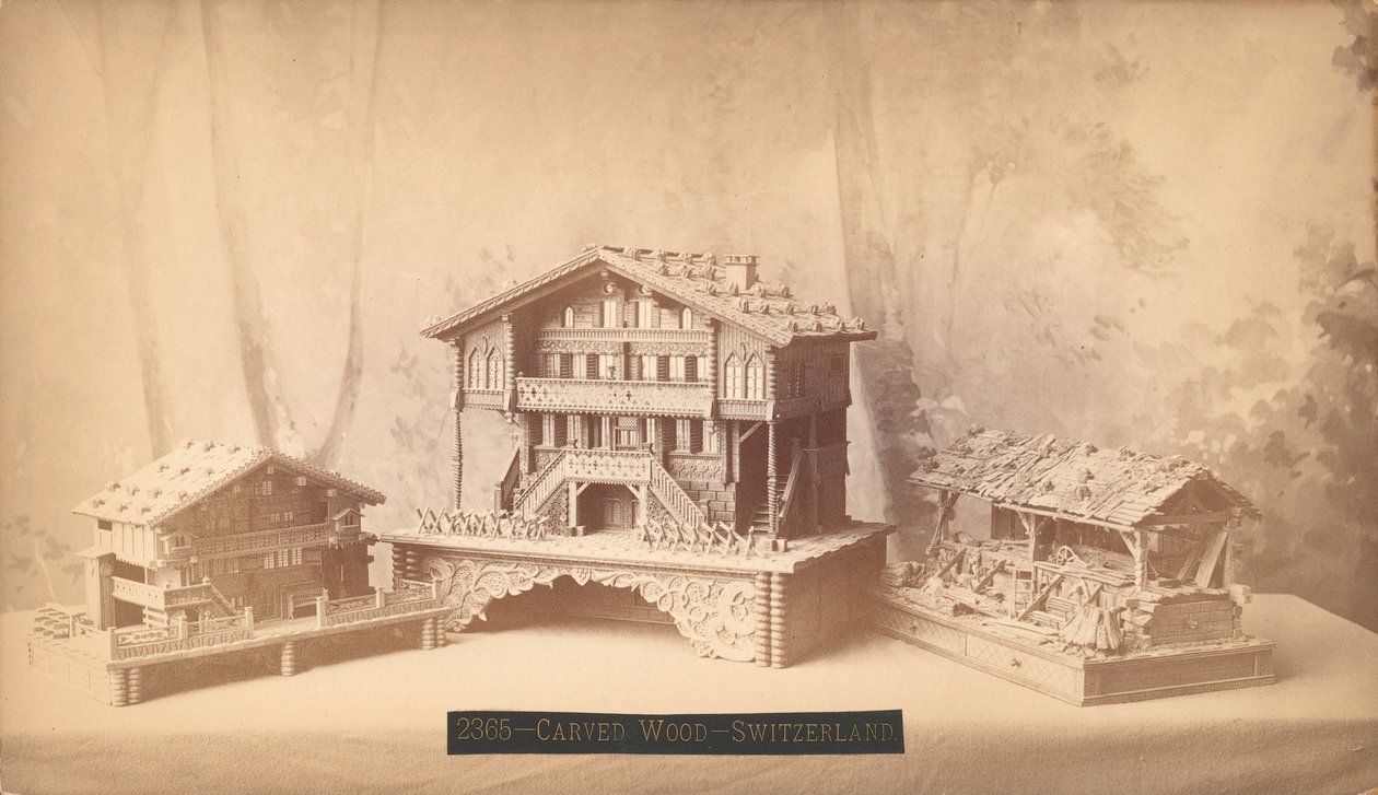Svájci házak, faragott modellek, Philadelphia Centennial International Exhibition, 1876 (ezüst albumin nyomat) alkotó: American Photographer