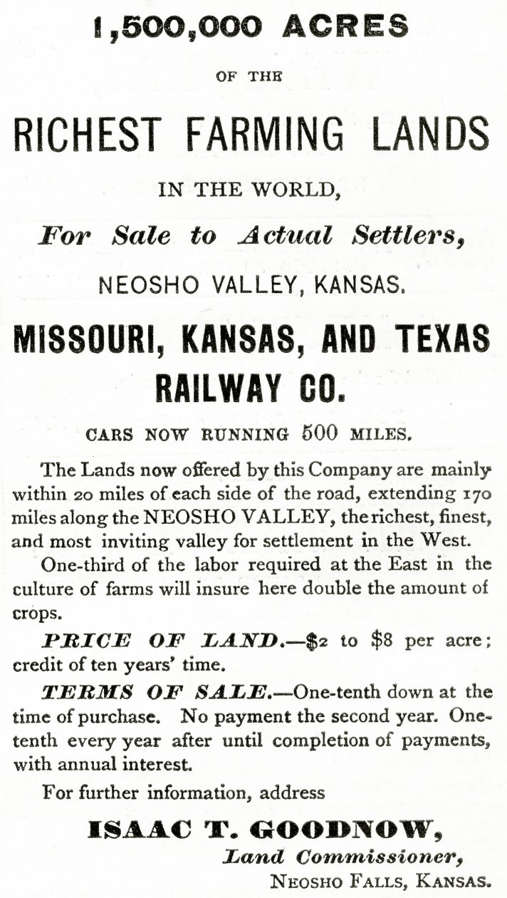 1 500 000 hektár a világ leggazdagabb mezőgazdasági területein, a Kansas állambeli Neosho Valley-ben, az Appletons Journal hirdetése, 1872. május 4. alkotó: American School