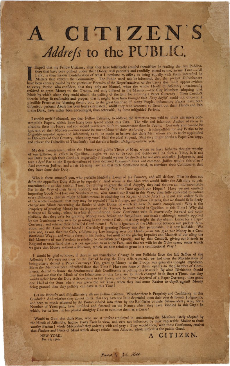 Polgári beszéd a nyilvánossághoz a királyi csapatok támogatásáról, 1769. december 18. alkotó: American School