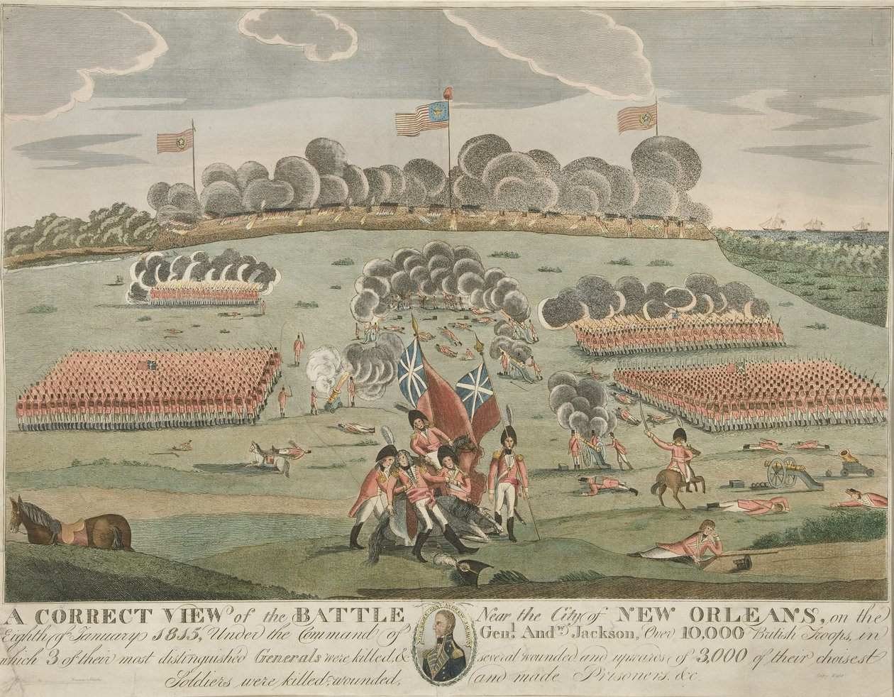 Helyes kilátás a csatáról New Orleans városa közelében, kocsma. 1815 körül (kézzel színezett metszet) alkotó: American School
