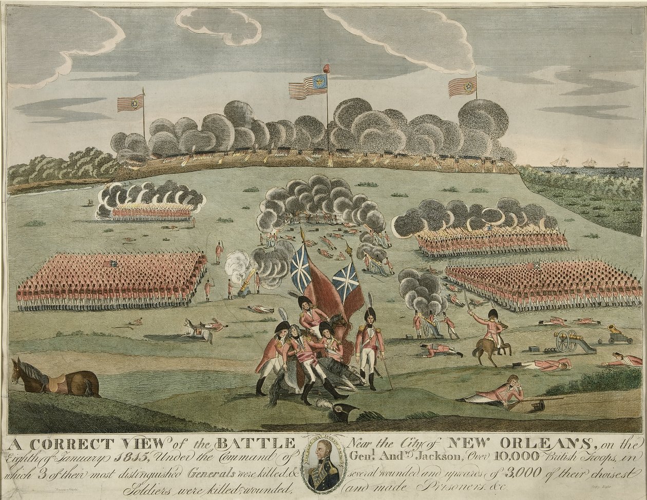 Helyes kilátás a csatáról New Orleans városa közelében, kocsma. 1815 körül (kézzel színezett metszet) alkotó: American School