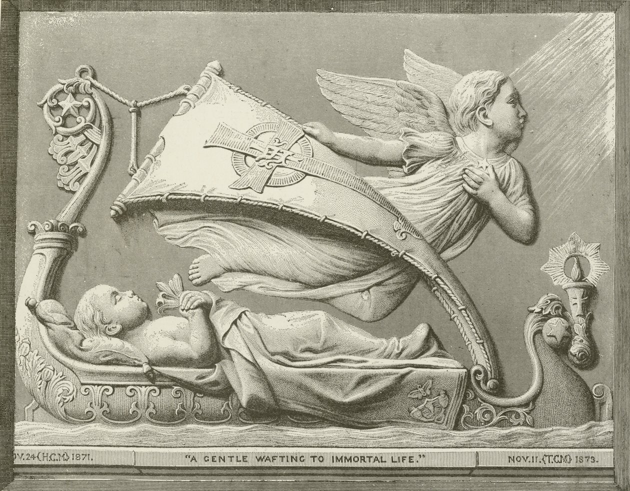 "Szelíd hullámzás a halhatatlan élet felé." F M Miller szobrászművész alkotásából (metszet). alkotó: American School