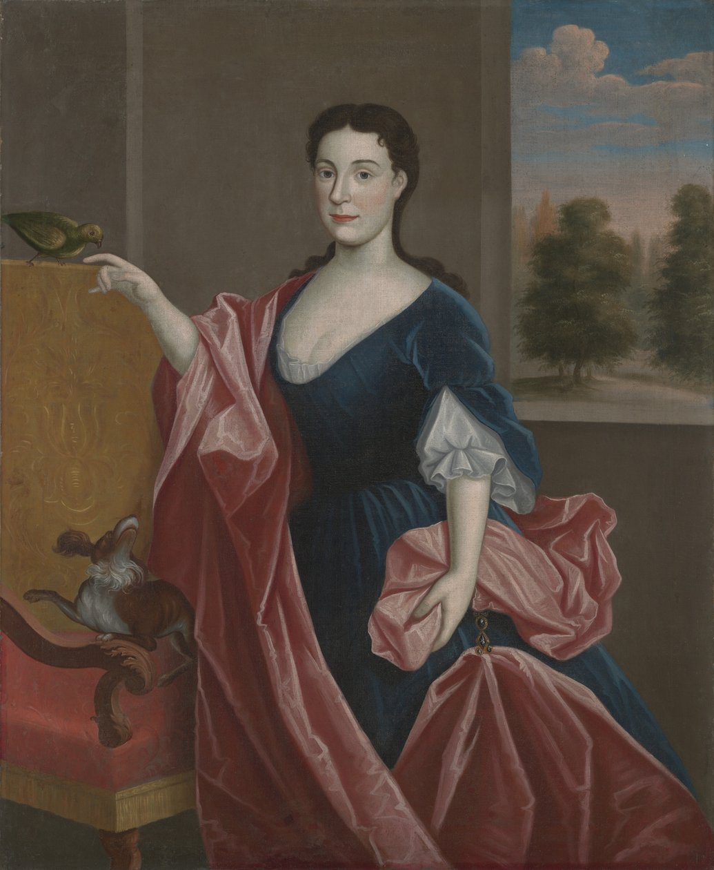 Egy Hudson-völgyi hölgy kutyával és papagájjal, 1720-30 körül alkotó: American School