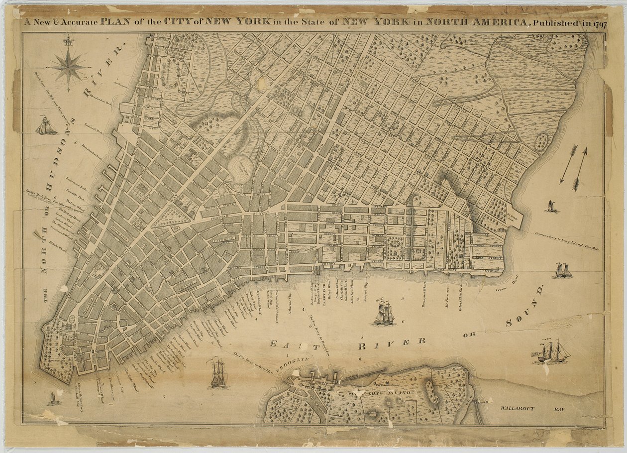 New York városának új és pontos terve Észak-Amerikában, New York államban, közzétéve: 1797, 1797 (fekete és színes tinta papíron, ronggyal alátámasztva) alkotó: American School