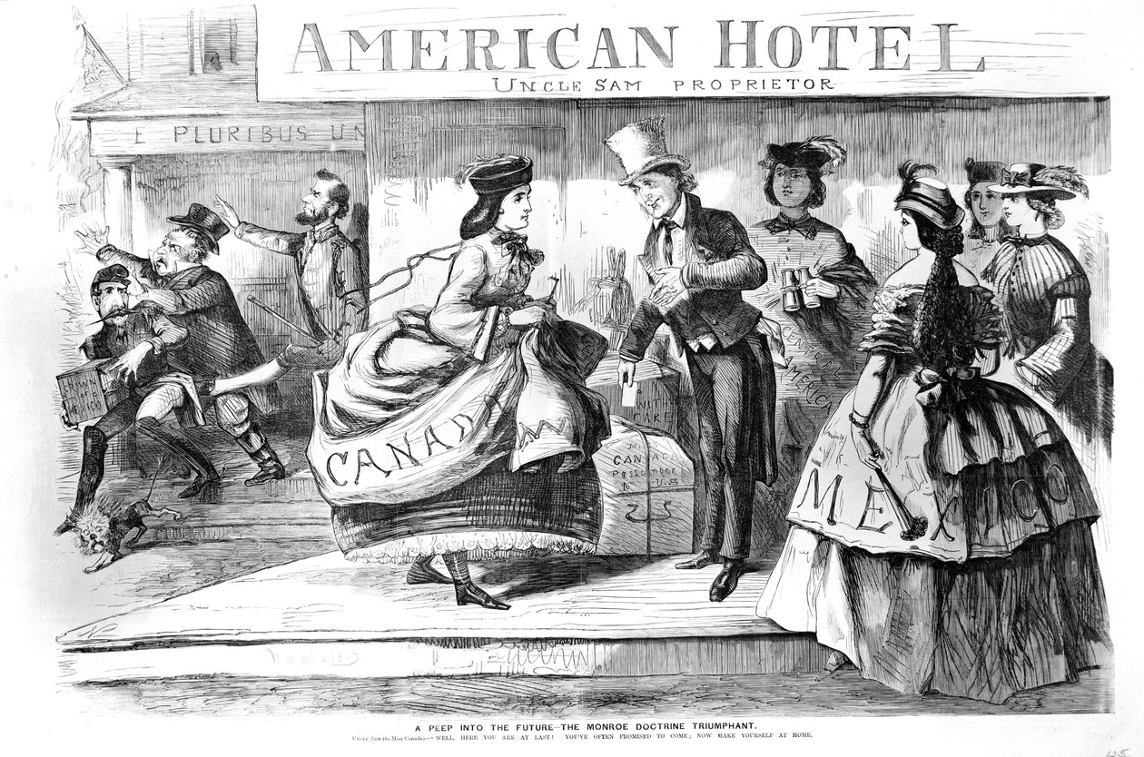 Bepillantás a jövőbe – a Monroe-doktrína diadalmas rajzfilmje Frank Lesliestől, a szórakozás költségvetéséből, 1863. november alkotó: American School