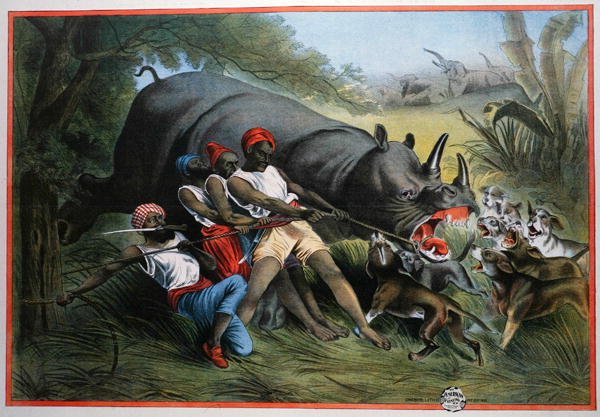 Orrszarvúvadászat (chromolitho) alkotó: American School
