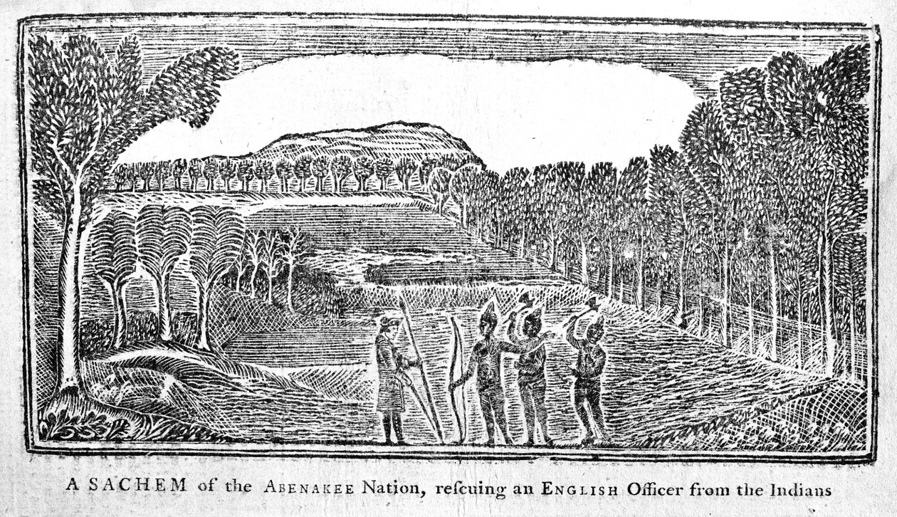 Egy Sachem az Abenakee Nationből egy angol tisztet megmentő, illusztráció a Bickerstaffs Boston Almanack-ből, 1768-ban alkotó: American School