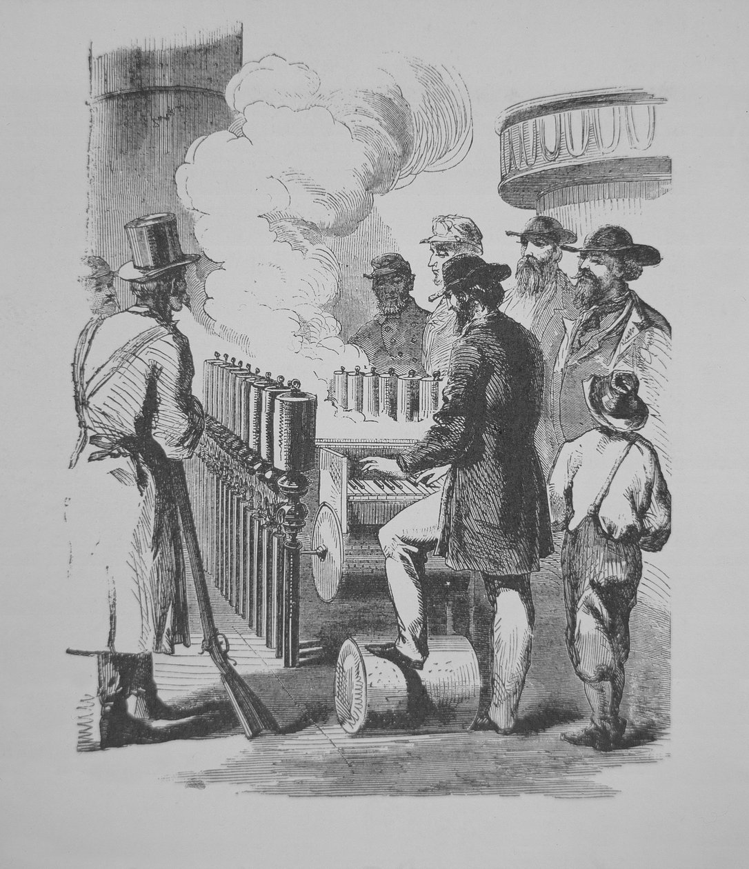 Amerikai gőzhajókon használt, gőzzel hajtott kalióp, 1870 körül (metszet) alkotó: American School