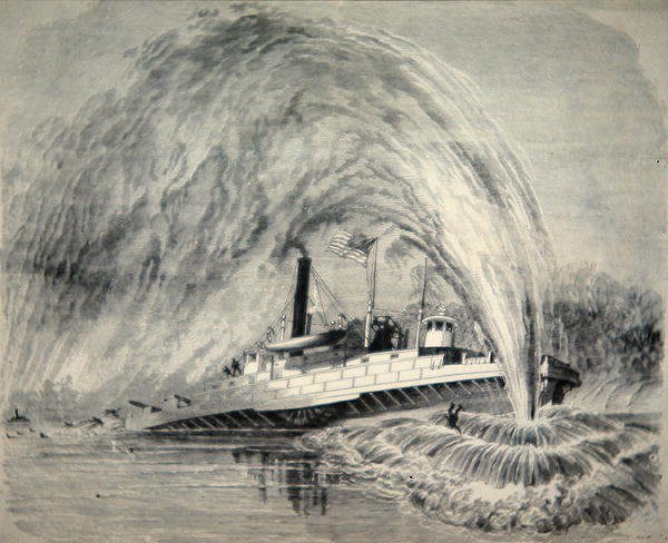 Torpedó felrobban a „Commodore Barney” szövetségi löveghajó alatt a James Riveren, 1863. augusztus 4. (vonalmetszet) alkotó: American School