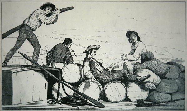 Rakományt szállító platós hajó a Mississippi folyón, 1840 körül (metszet) alkotó: American School