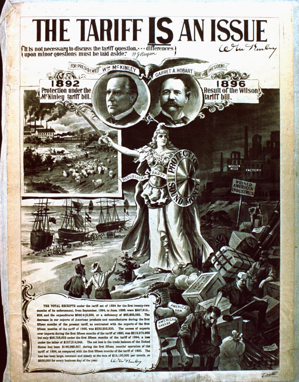 Egy politikai plakát, amely a McKinley adótörvényét támogatja Wilsons helyett alkotó: American School