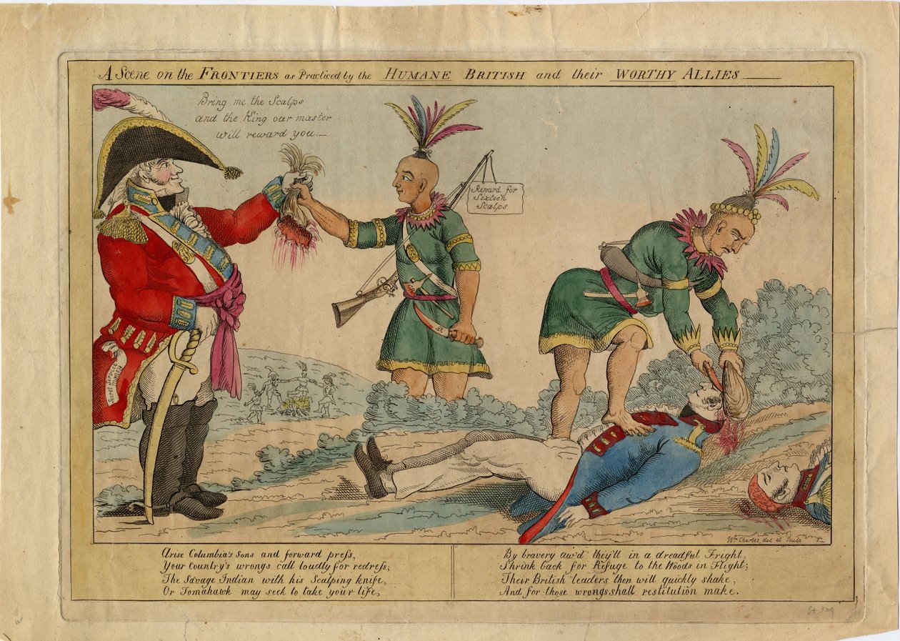 Jelenet a határokon, ahogyan az emberséges britek és méltó szövetségeseik gyakorolják, 1813 körül (kézzel színezett rézkarc) alkotó: American School
