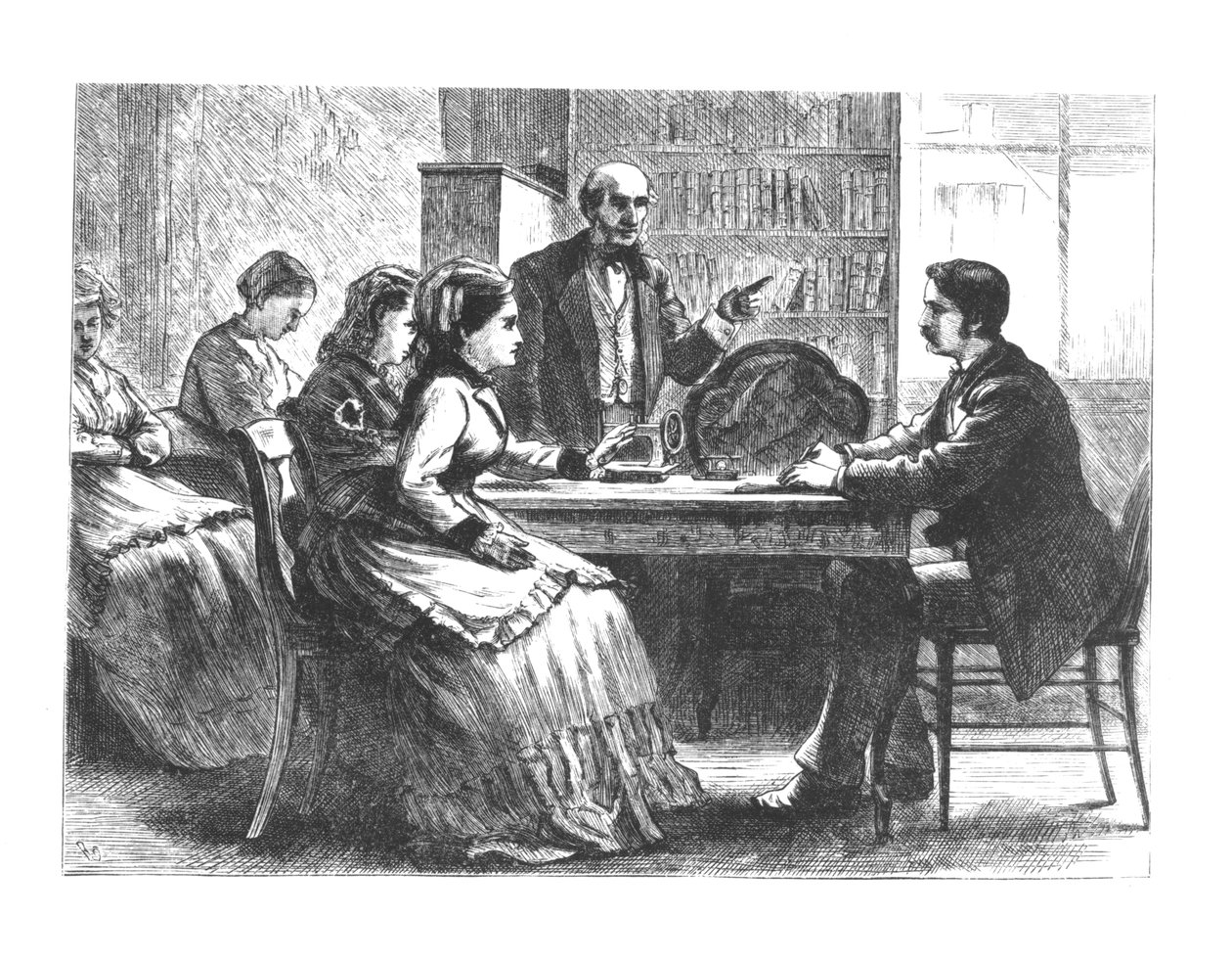 Egy nő tárgyal egy gyárvezetővel, akit Susan B. Anthony új Dolgozónők Védőegyesületének tanácsadója segít, 1860-70-es évek alkotó: American School