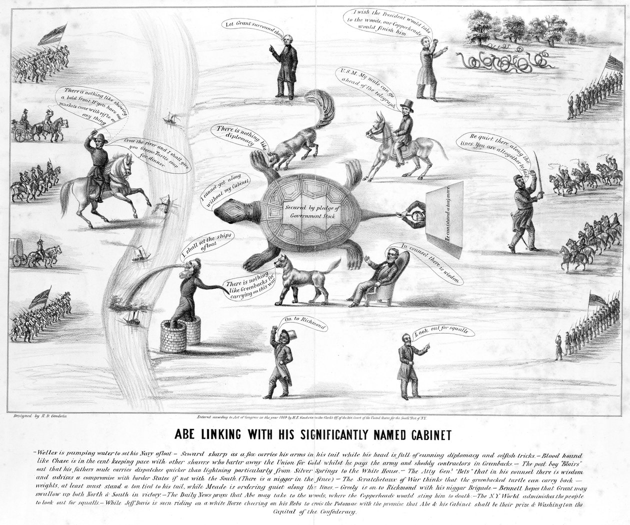 Abe Linking with his Significantly Named Cabinet, M.E. Godwin kiadó 1864-ben alkotó: American School