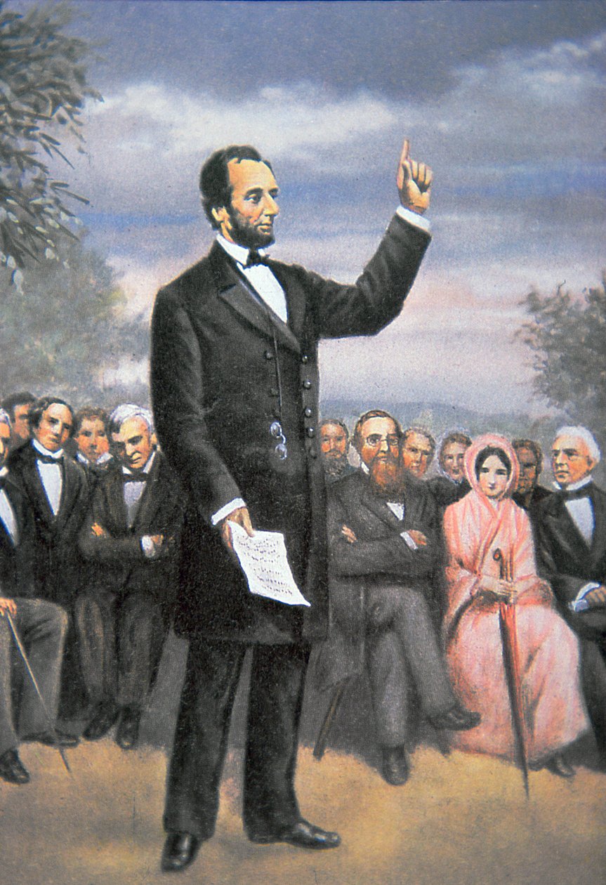 Abraham Lincoln (1809-65) gettysburgi beszédet mond Gettysburgban, Pennsylvaniában, 1863. november (színes litó) alkotó: American School
