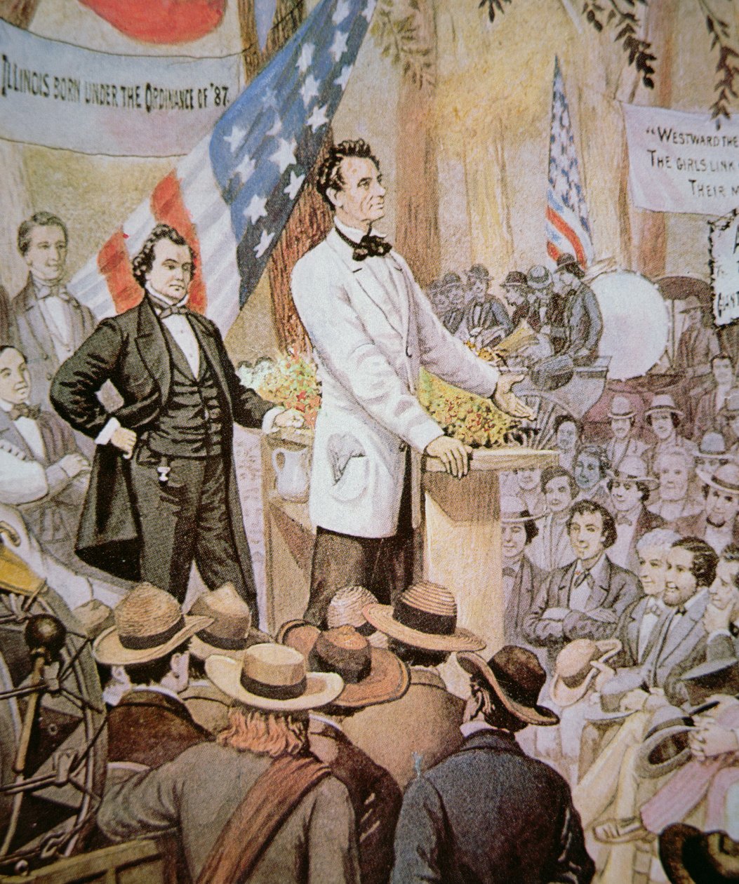 Abraham Lincoln (1809-65) nyilvános vitában Stephen A. Douglasszal (1813-61) Illinoisban alkotó: American School
