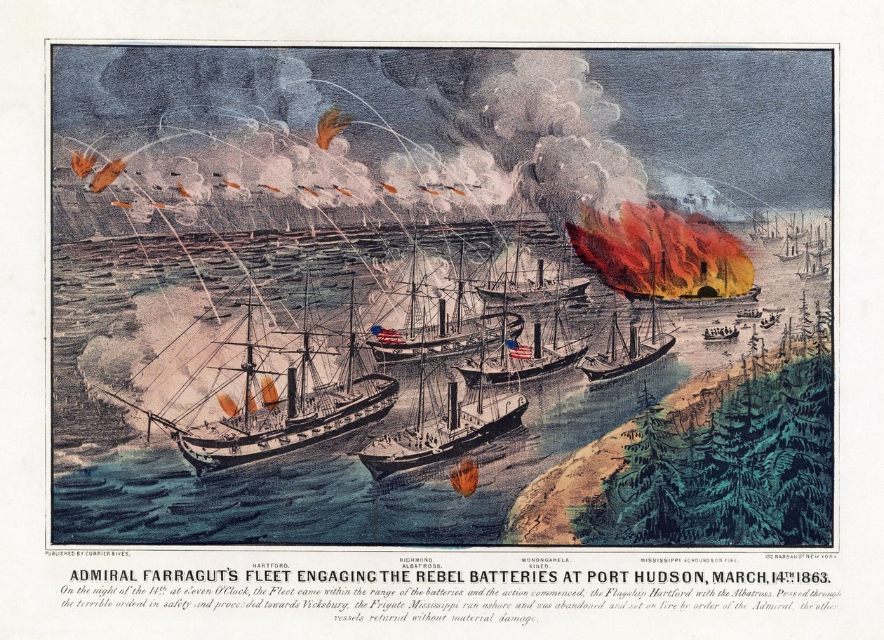 Farragut admirális flottája harcba száll a lázadó ütegekkel Port Hudsonban, március 14. alkotó: American School