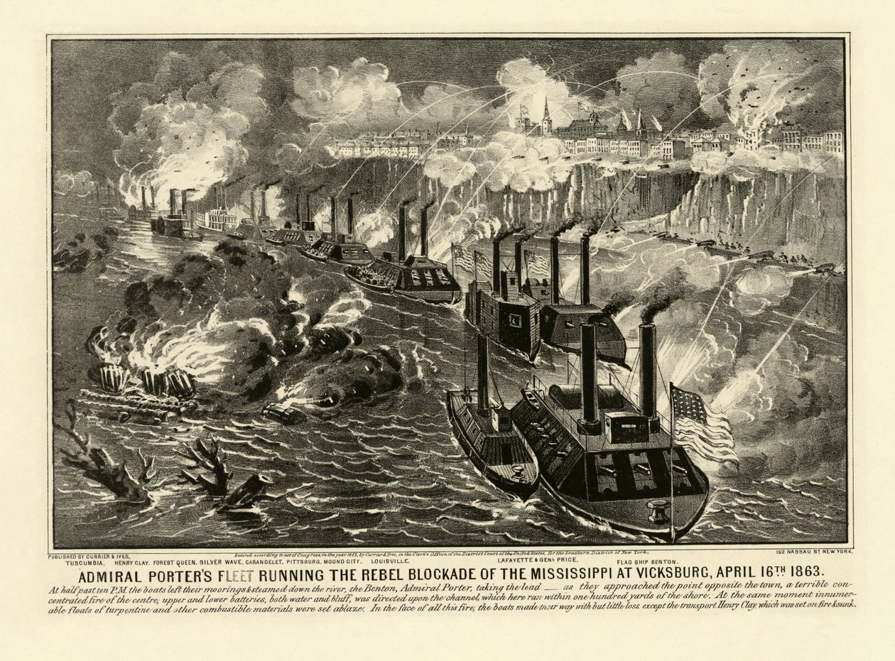 Porter admirális flottája a Mississippi lázadó blokádját irányítja Vicksburgban, 1863. április 16., pub. 1863 (metszet) alkotó: American School