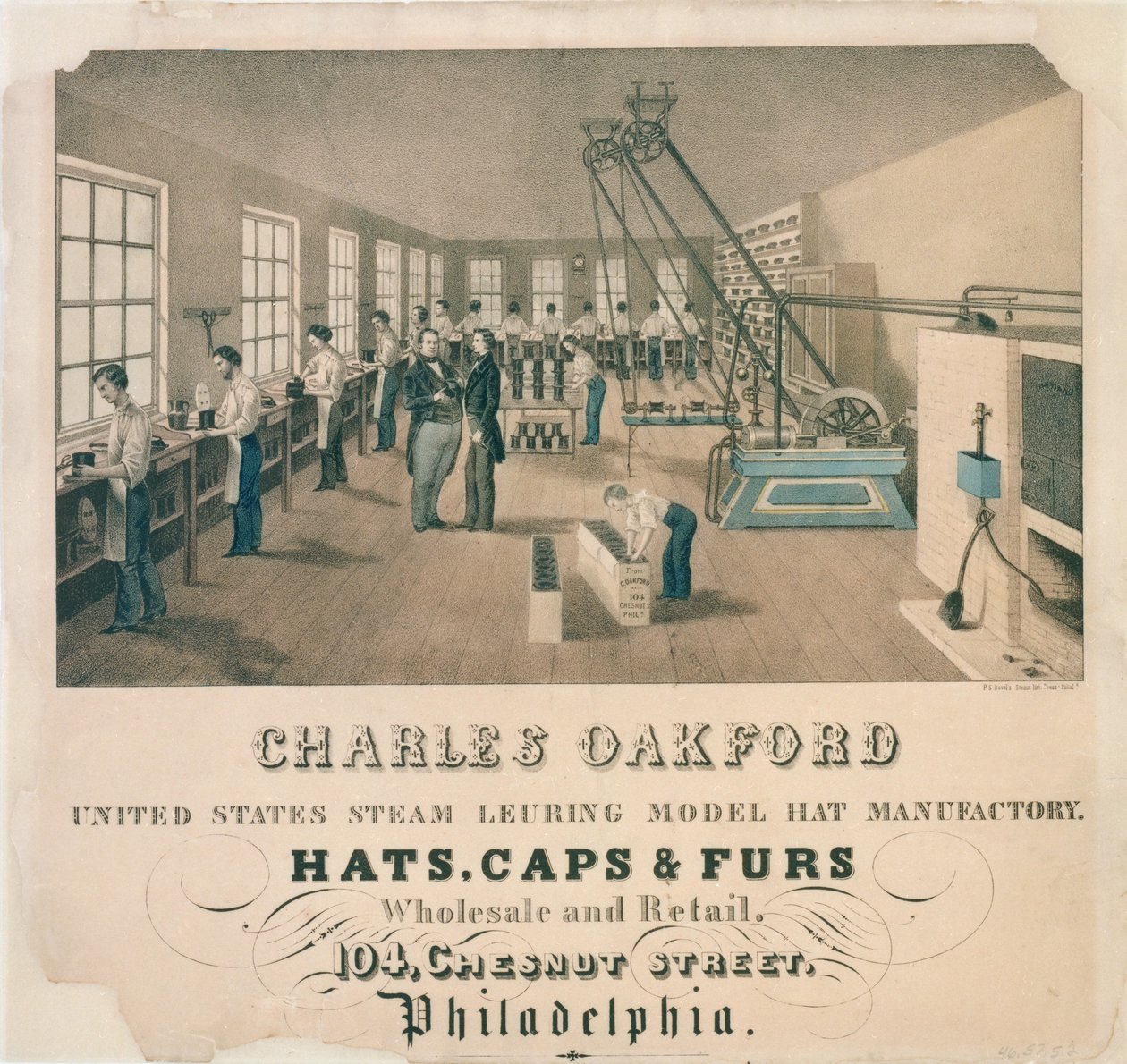 Charles Oakford, kalapgyártó, Philadelphia hirdetése, 1850 körül alkotó: American School