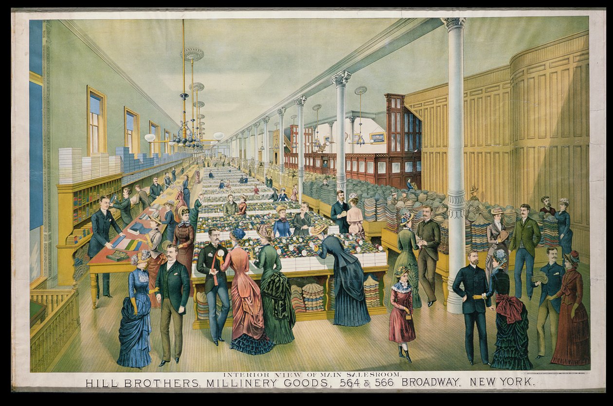 A Hill Bros. Millinery Goods hirdetése a fő eladóterem belső kilátásával alkotó: American School