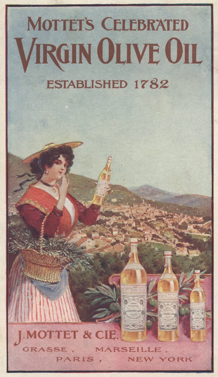 A Mottets Celebrated Virgin Olive Oil hirdetése, 1900 körül alkotó: American School