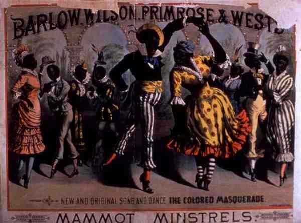 A „The Colored Masquerade” reklámja, a Mammot Minstrels éneke és tánca, Barlow, Wilson, Primrose és West (színes litó) alkotó: American School