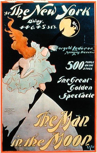 A „The Man in the Moon” reklámja a New York-i Broadway-n (színes litó) alkotó: American School