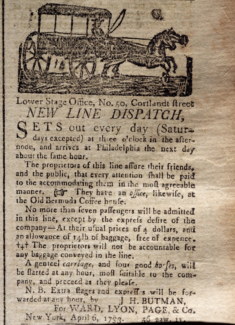 A New Line Dispatch hirdetése, a The New York Journal & Patriotic Register kínálatából, 1793. április 6. (nyomtatott) alkotó: American School