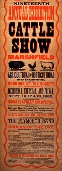 A Massachusetts állambeli Marshfield, Plymouth kolónia „Tizenkilencedik éves szarvasmarha-kiállításának” reklámja (színes litho) alkotó: American School