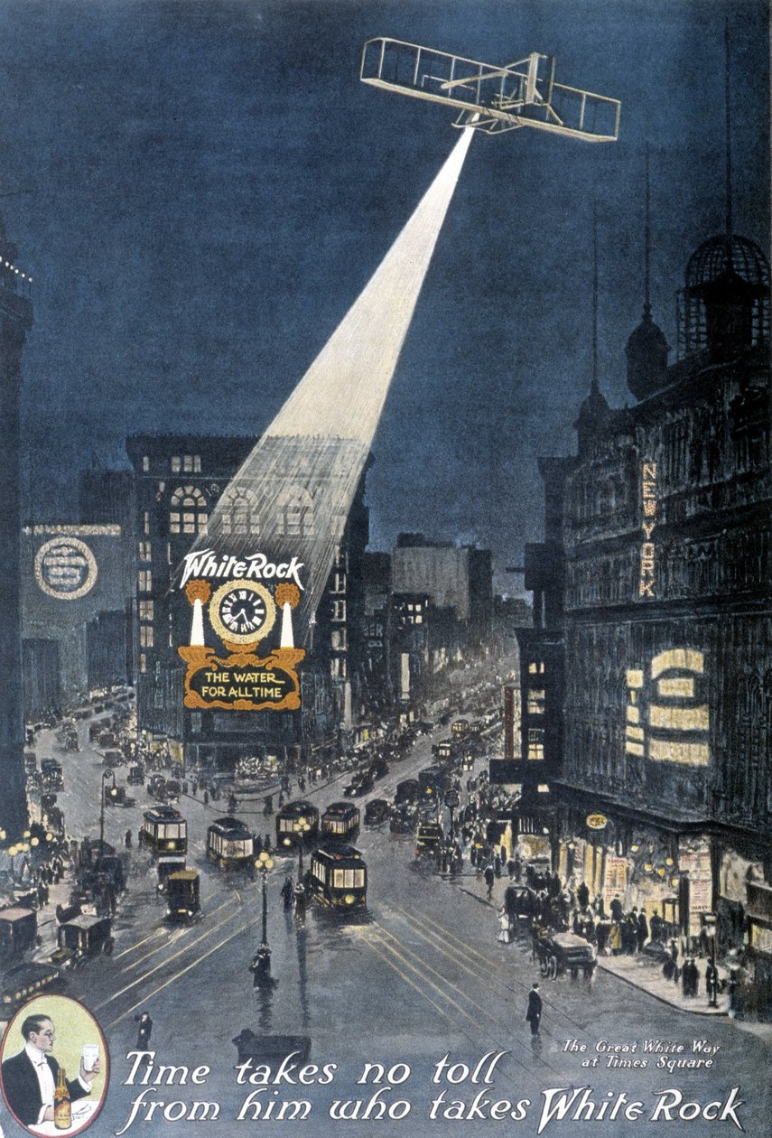 Alkoholreklám „” White Rock””: A New York-i Times Square egyik épületén függő „White Rock” plakátot megvilágító repülőgép. 1912. alkotó: American School