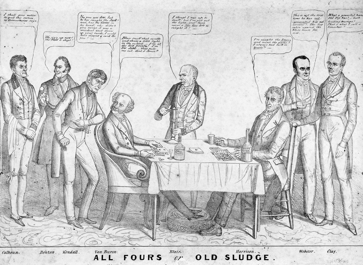 All Fours or Old Sludge, politikai karikatúra, amely Martin Van Buren elnököt (1782-1862) ábrázolja, amint William Henry Harrison (1773-1841) ellen kártyázik más államférfiak és politikusok között, 1836 (litho) alkotó: American School