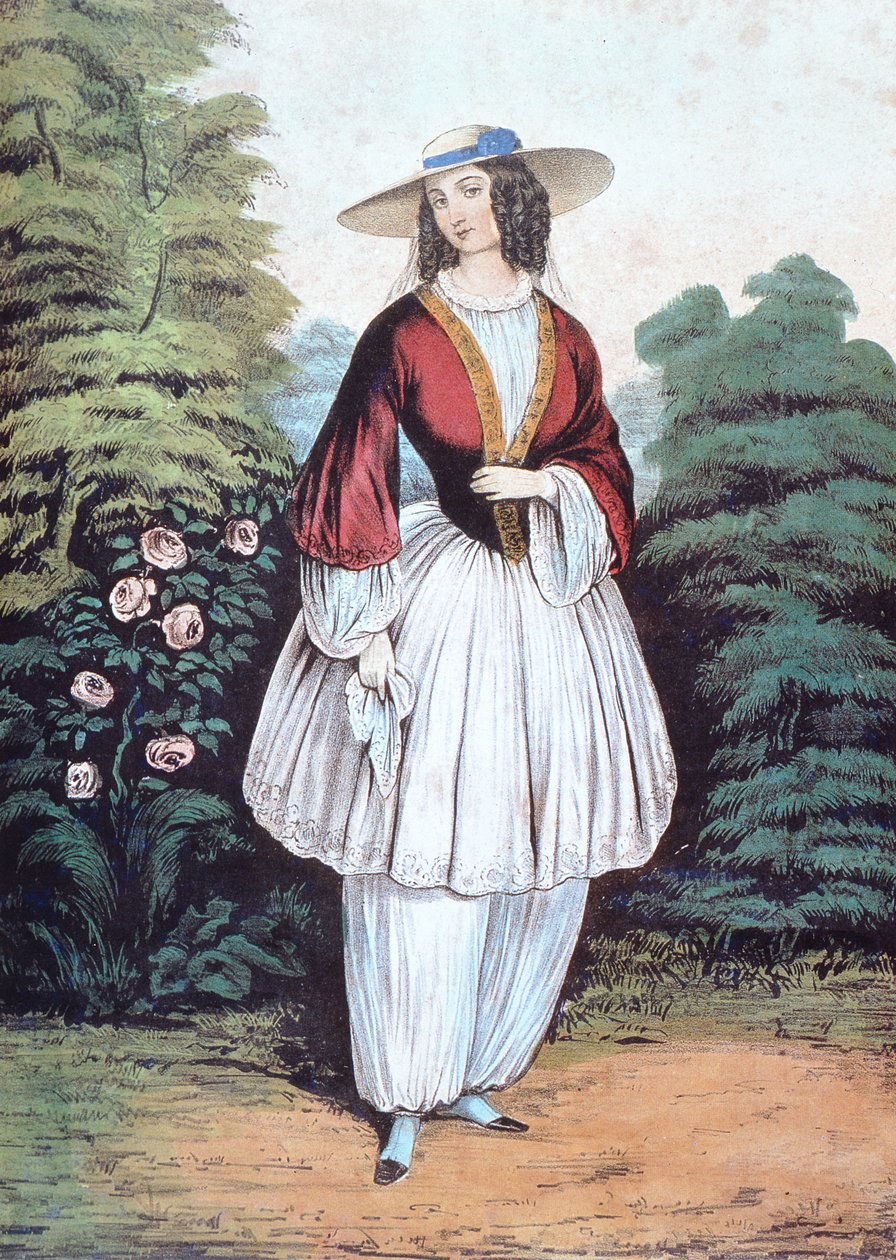 Amelia Jenks Bloomer „Bloomer” jelmezt visel, kiadó: N. Currier alkotó: American School