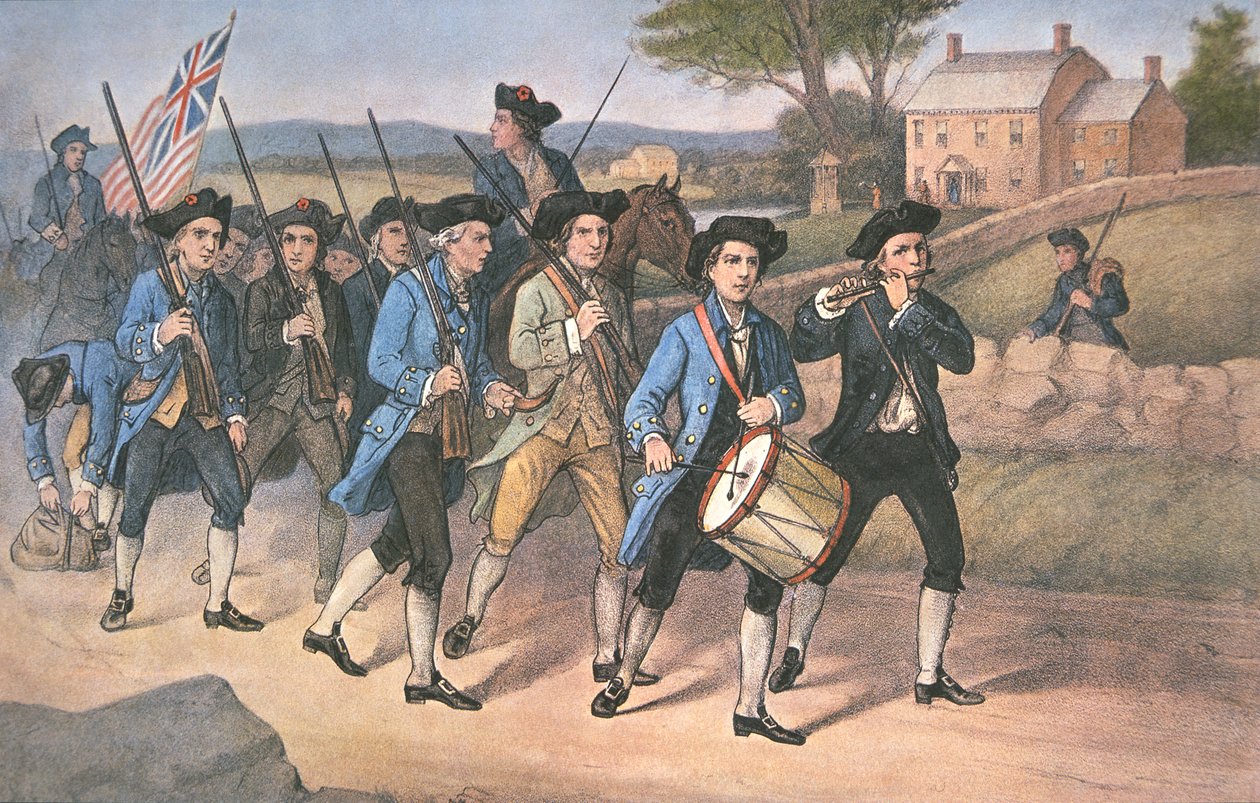 A britek ellen vonuló amerikai „percemberek” a Fife and Drum harczenéjére, kocsma. szerző: Currier & Ives alkotó: American School