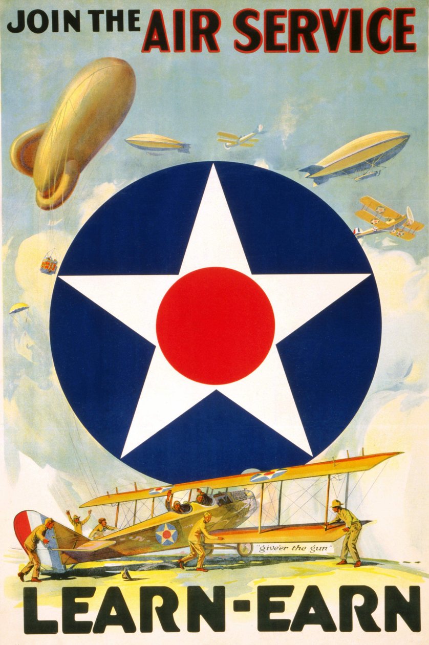 1917 és 1920 között szerkesztett amerikai poszter „Join the Air Service, Tanulj – keress.” alkotó: American School