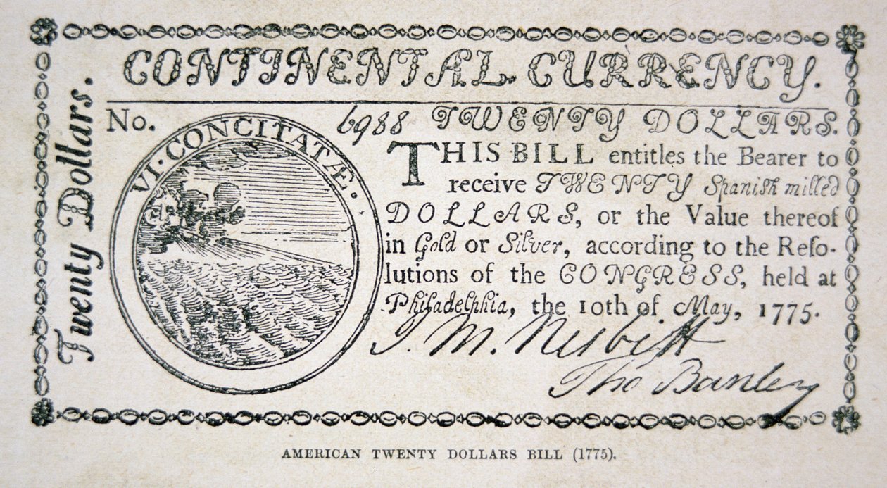 1775-ös amerikai húszdolláros bankjegy (litho) alkotó: American School