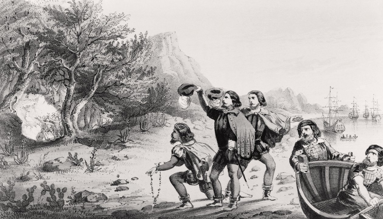Amerigo Vespucci az Újvilágban landol, az „Americus Vespucius élete és utazásai” című könyvéből, Horace Mansfield, New Haven, Connecticut, 1853 alkotó: American School