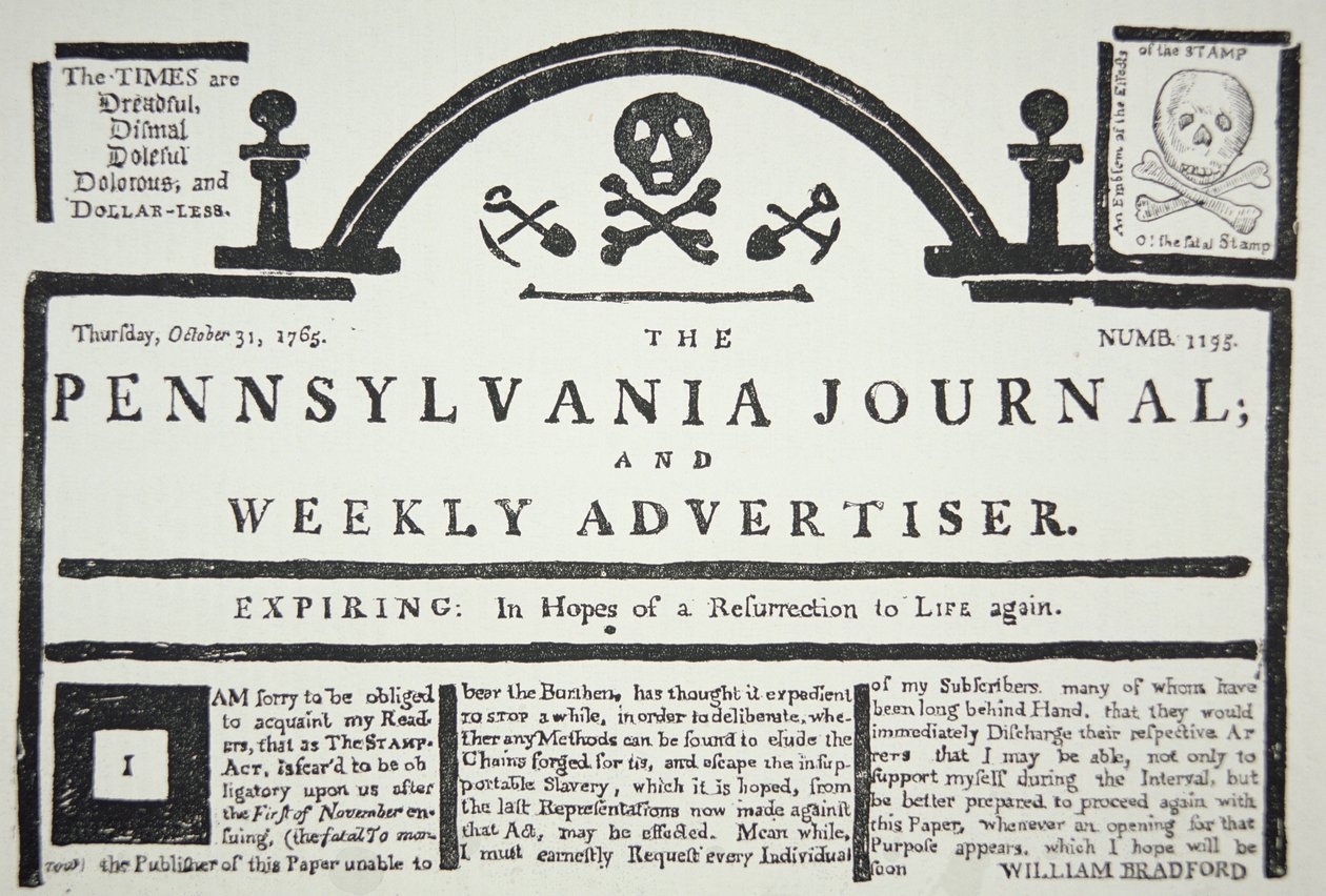 Amerikai válasz a brit kiszabott bélyegtörvényre, pub. a The Pennsylvania Journal and Weekly Advertiserben 1765. október 31-én (újságpapír) alkotó: American School