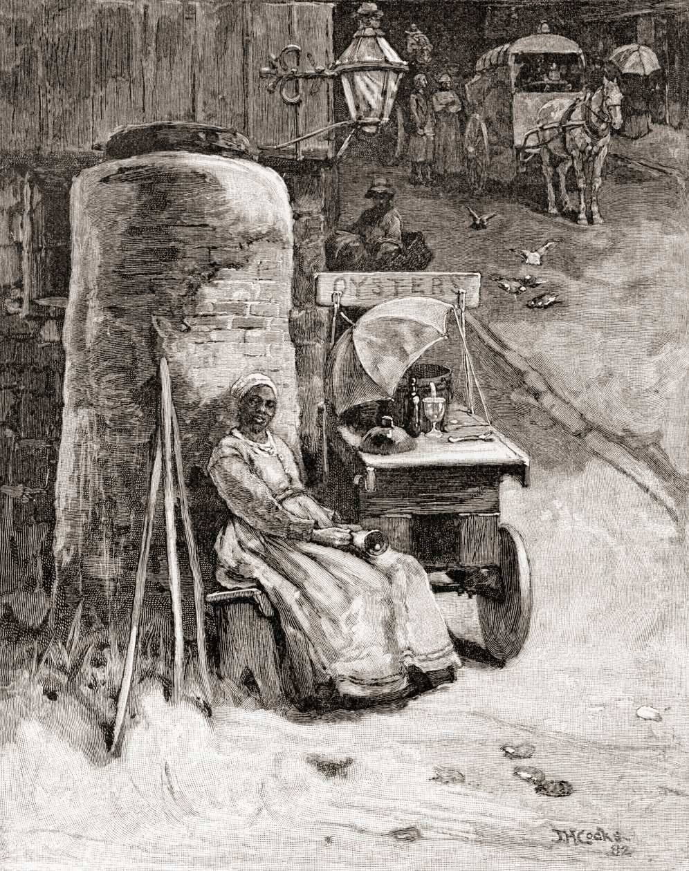 Osztrigaárus a szekerével a washingtoni haditengerészeti kikötő közelében, Washington D.C., a 19. században, a "The Century Illustrated Monthly Magazine" című, 1884-ben megjelent kiadványból (metszet). alkotó: American School