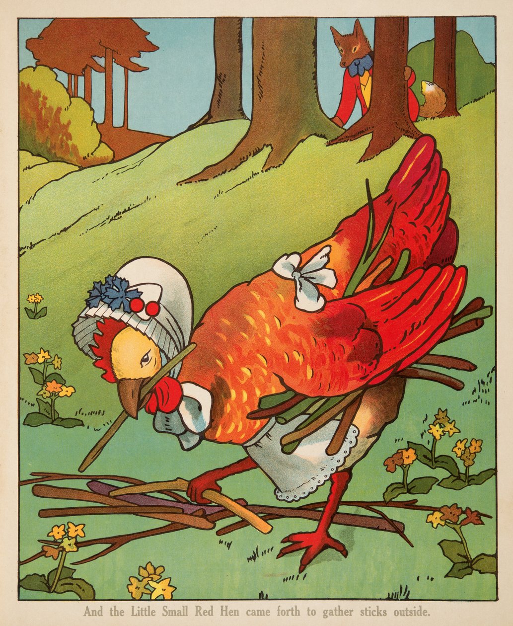 "És a kis vörös tyúk kijött, hogy botokat szedjen odakint" a Peter Rabbit Little Red Tyúk és Bagoly és Pussy Cat pubból. Charles E Graham & Co. c. 1900 (kromolitográfia) alkotó: American School