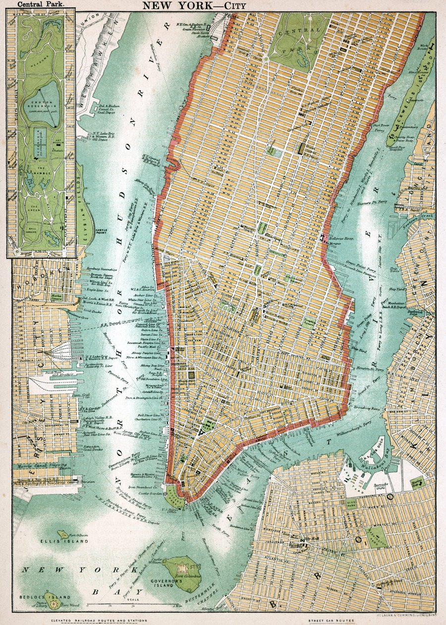 Alsó-Manhattan és a Central Park antik térképe alkotó: American School
