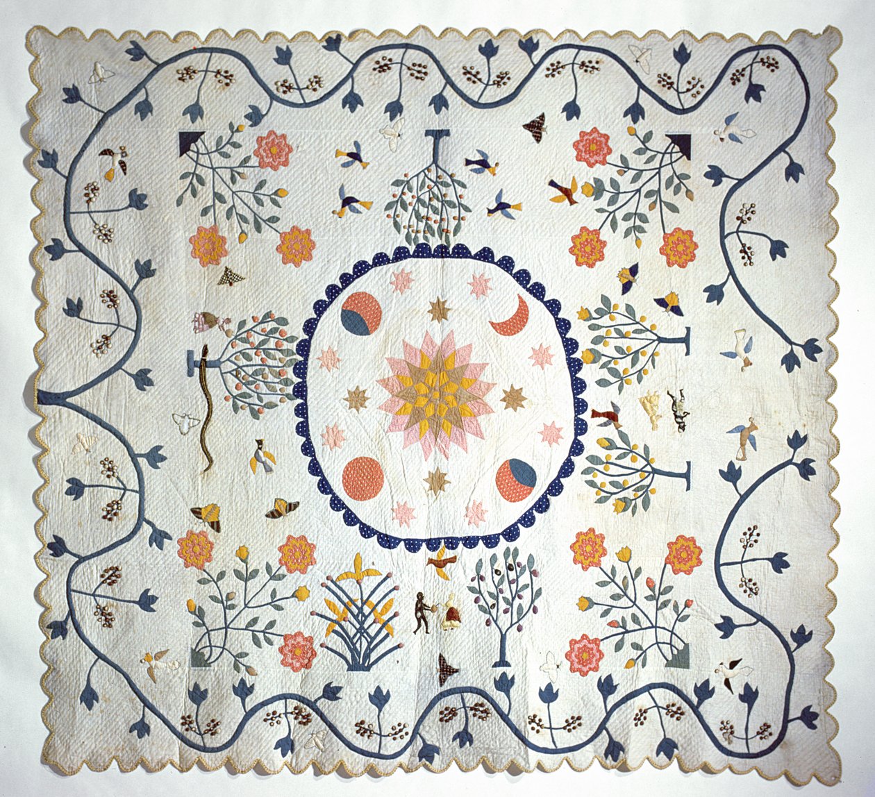 Rátétes paplan Nappal, Holddal, csillagokkal és az Édenkerttel, Arkansasból, 1850-80 körül (pamut) alkotó: American School