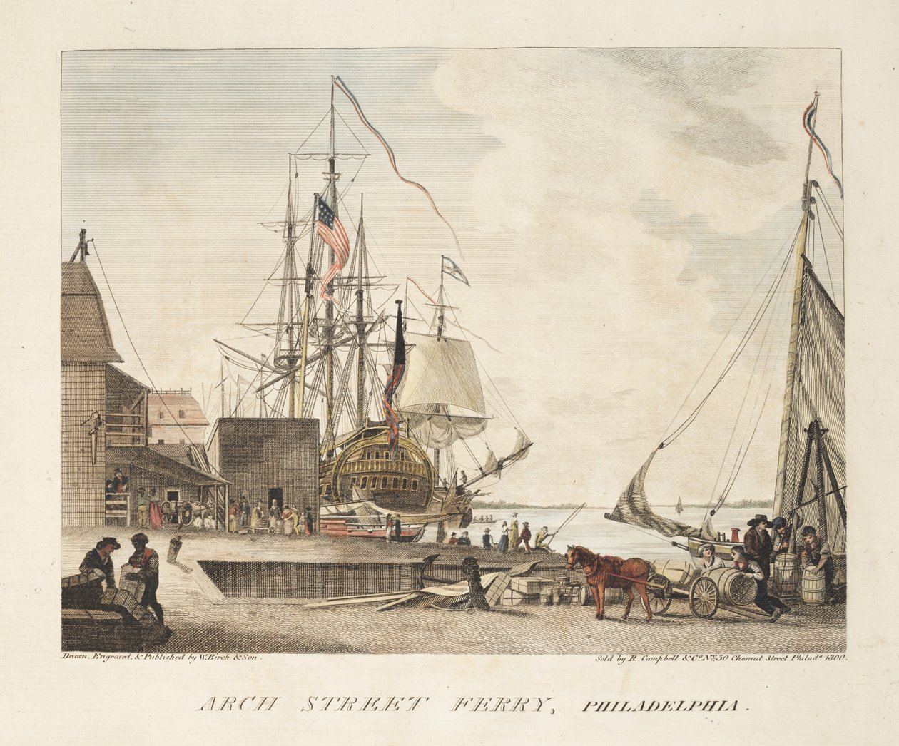 Arch Street Ferry, Philadelphia (színes metszet) alkotó: American School