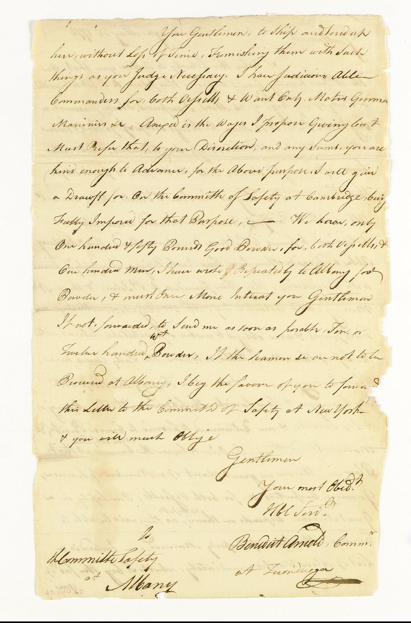 Arnold Benedict (1741-1801) tábornok, a kontinentális hadsereg, áruló. Aláírt autográf levél ("Benedict Arnold Commr. at Ticonderoga") az albanyi Biztonsági Bizottságnak, Ticonderoga, 1775. május 22. (toll és tinta papíron) alkotó: American School