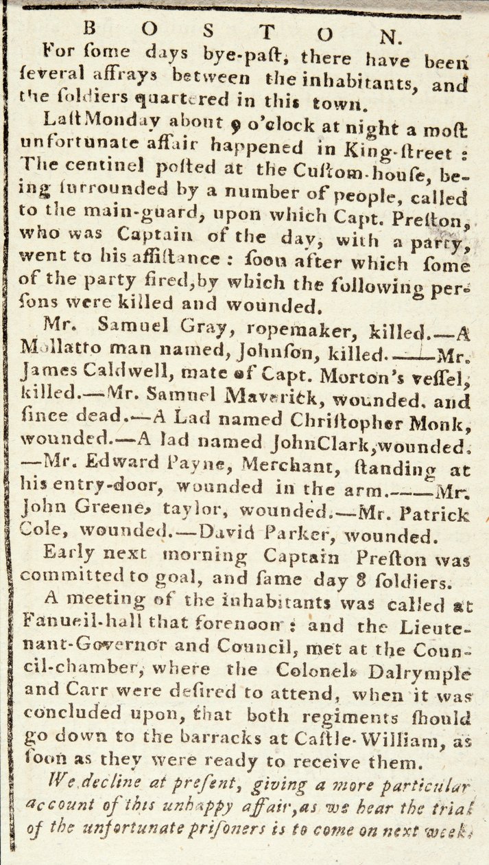 A Boston Chronicle cikke, amely részletezi az 1770. március 5-i bostoni mészárlás eseményeit (újságpapír) alkotó: American School